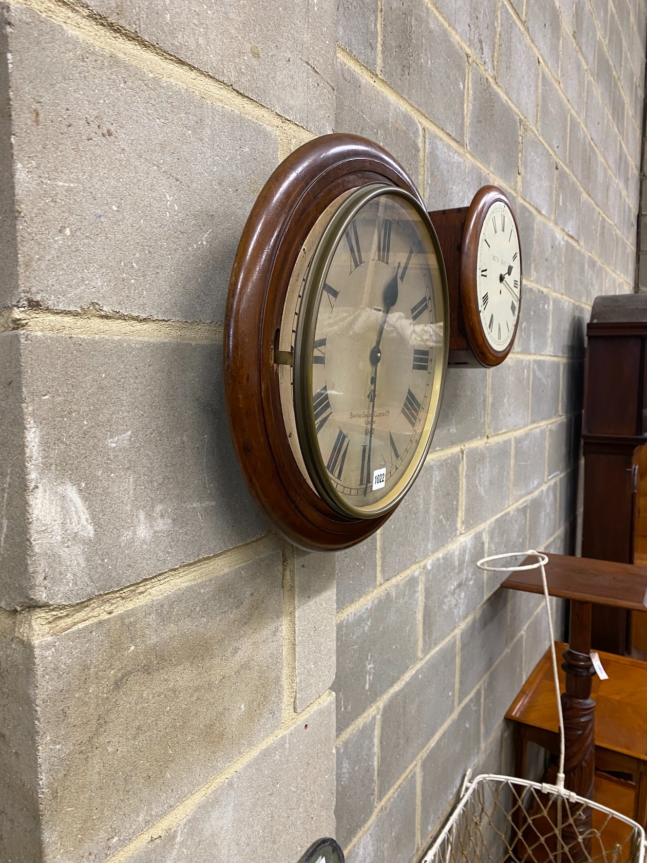 A Victorian fusee wall dial, (repainted) and a Smiths wall dial (no movement)